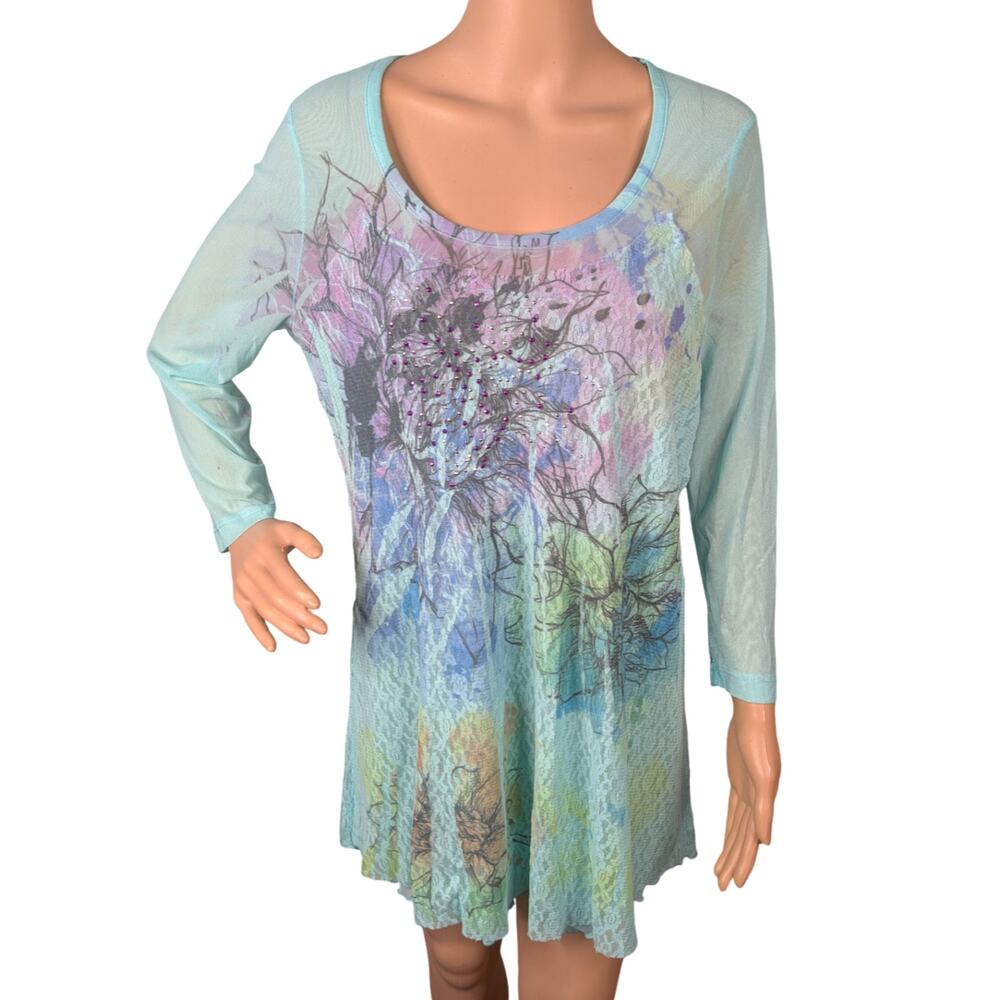 Vintage Y2K Dressbarn Pastel Blue Floral Mesh Lace Rhinestone Tunic Top Large L